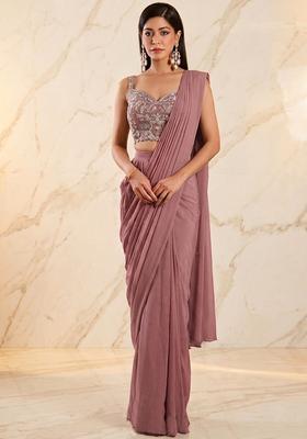 Mauve Embroidered Handwork Pre Draped Saree Set