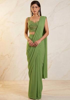 Olive Green Embroidered Handwork Pre Draped Saree Set