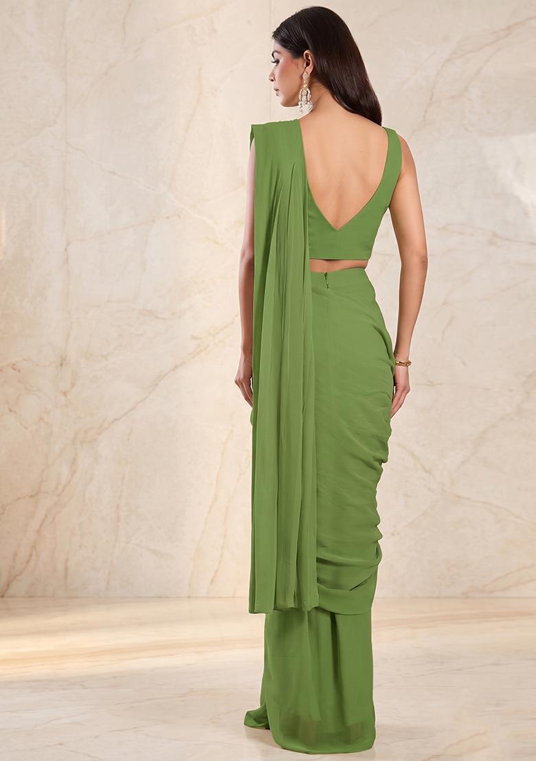 Olive Green Embroidered Handwork Pre Draped Saree Set - Indya
