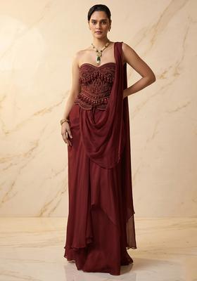Deep Maroon Embroidered Handwork Pre Draped Saree Set