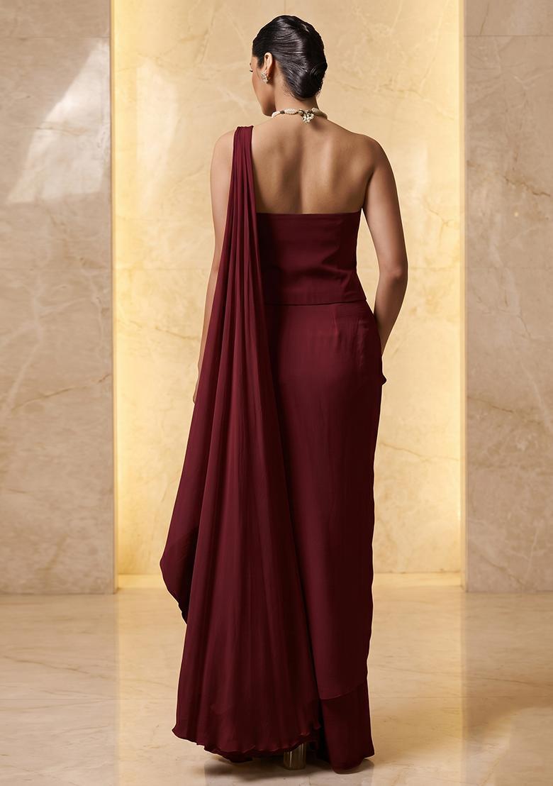 Deep Maroon Embroidered Handwork Pre Draped Saree Set - Indya