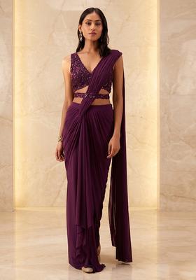Plum Embroidered Handwork Pre Draped Saree Set