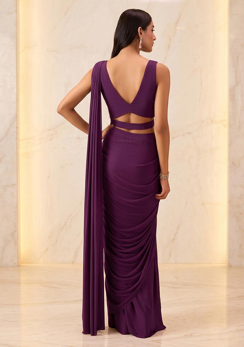 Plum Embroidered Handwork Pre Draped Saree Set - Indya