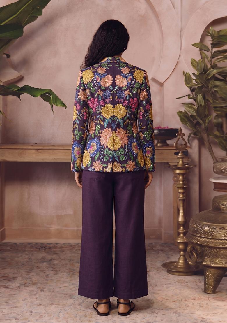 Deep Purple Printed Silk Blend Fusion Set - Indya