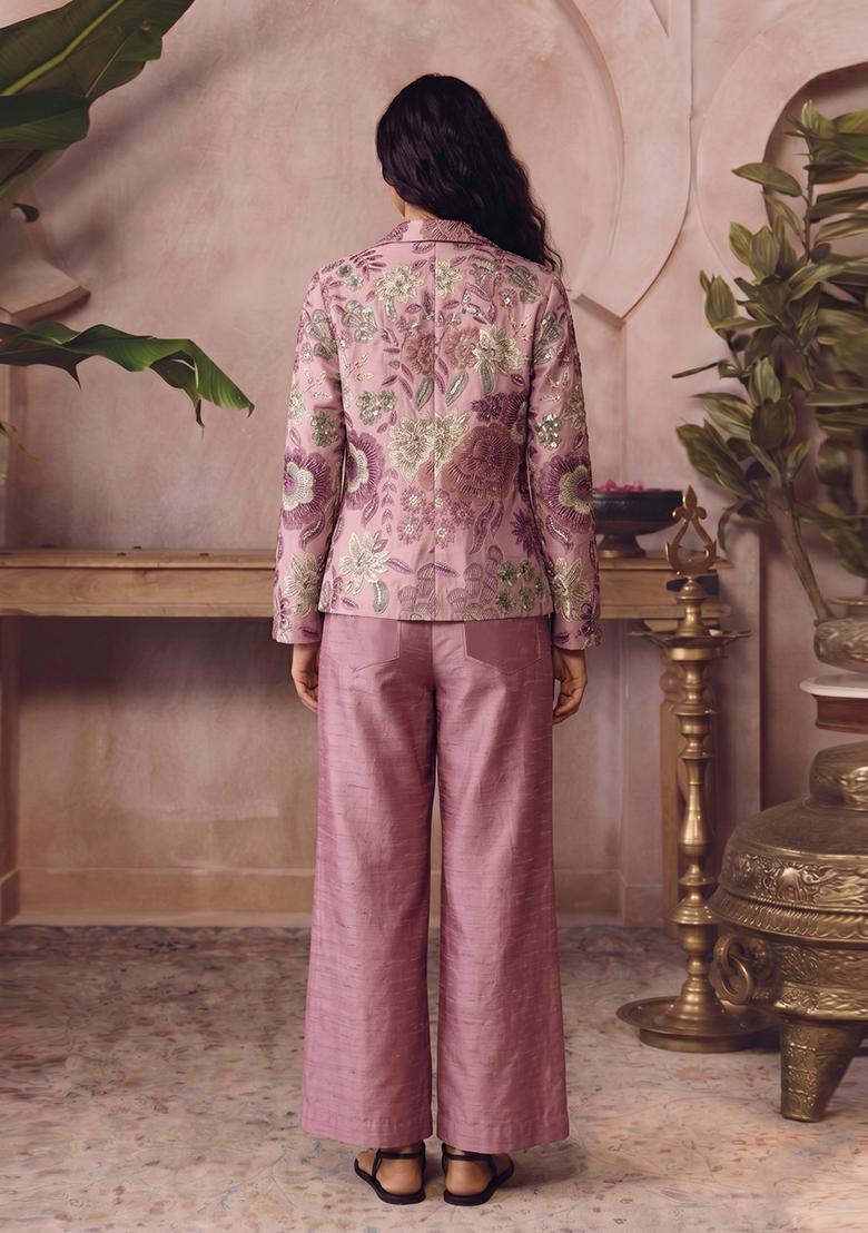 Pink Printed Silk Blend Fusion Set - Indya