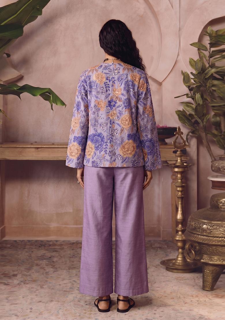 Mauve Printed Silk Blend Fusion Set - Indya