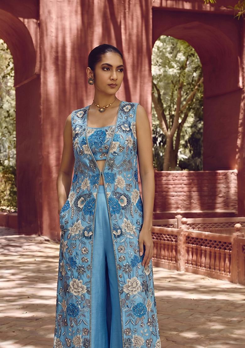 Blue Printed Chinon Fusion Set - Indya