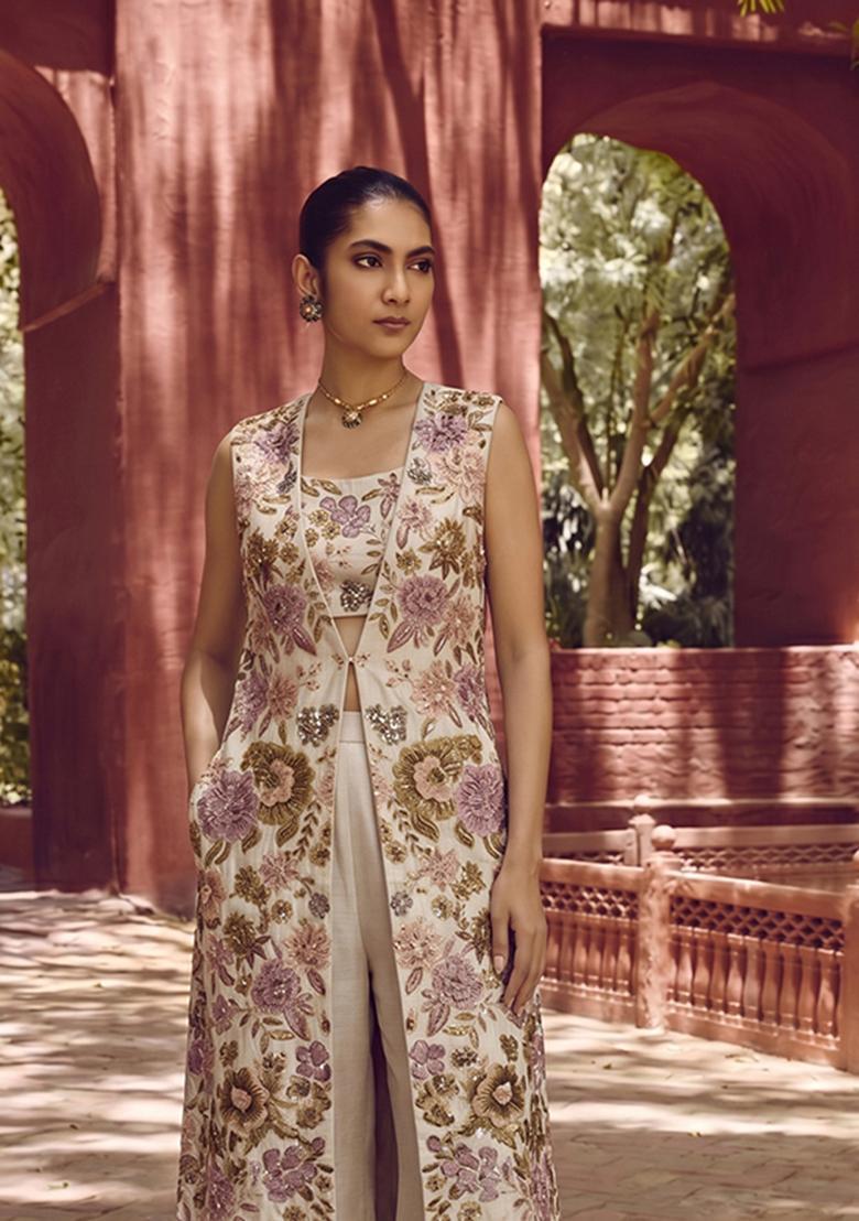 Beige Printed Chinon Fusion Set - Indya