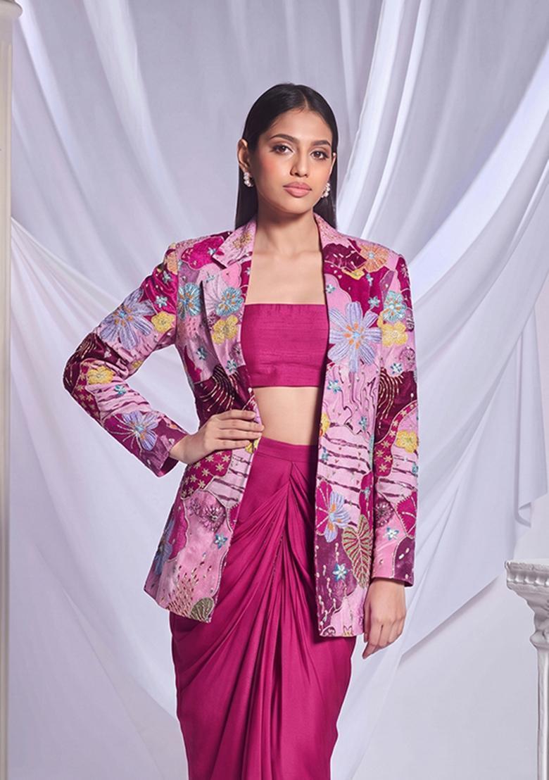 Magenta Pink Printed Crepe Fusion Set - Indya