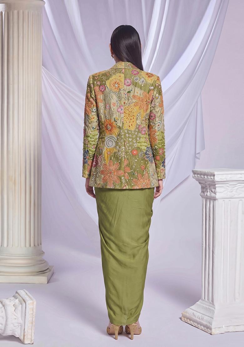 Olive Green Printed Crepe Fusion Set - Indya