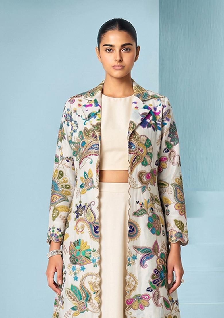 Cream Embroidered Organza Fusion Set - Indya