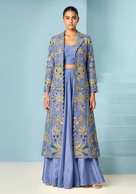 Pastel Blue Embroidered Organza Fusion Set