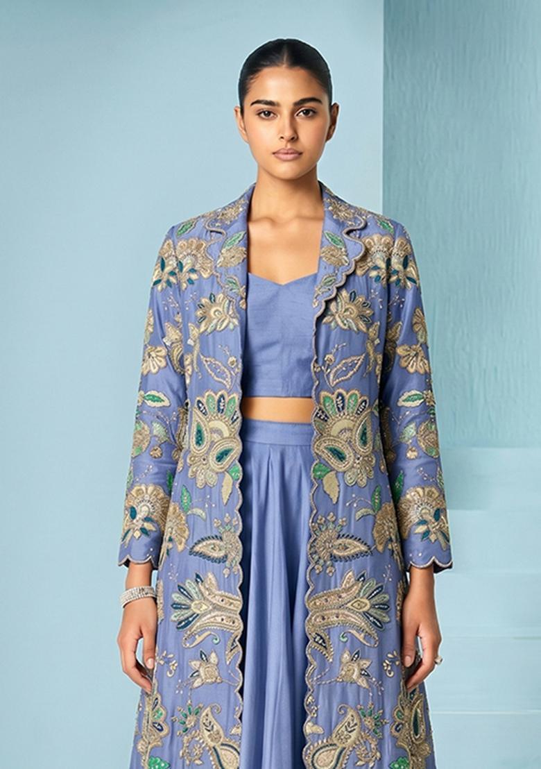 Pastel Blue Embroidered Organza Fusion Set - Indya