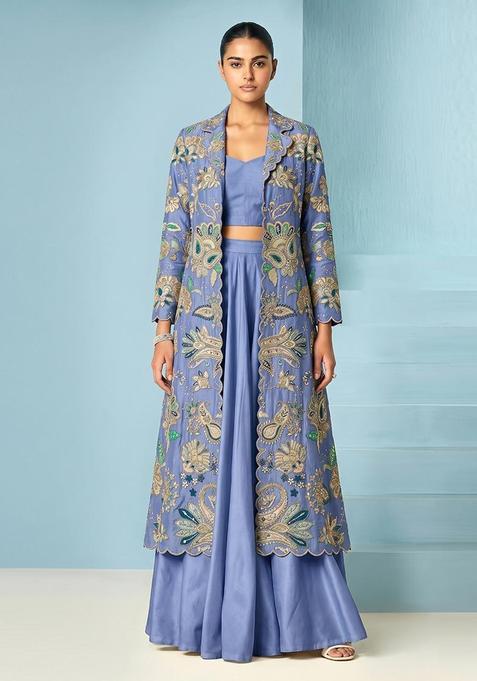 Pastel Blue Embroidered Organza Fusion Set