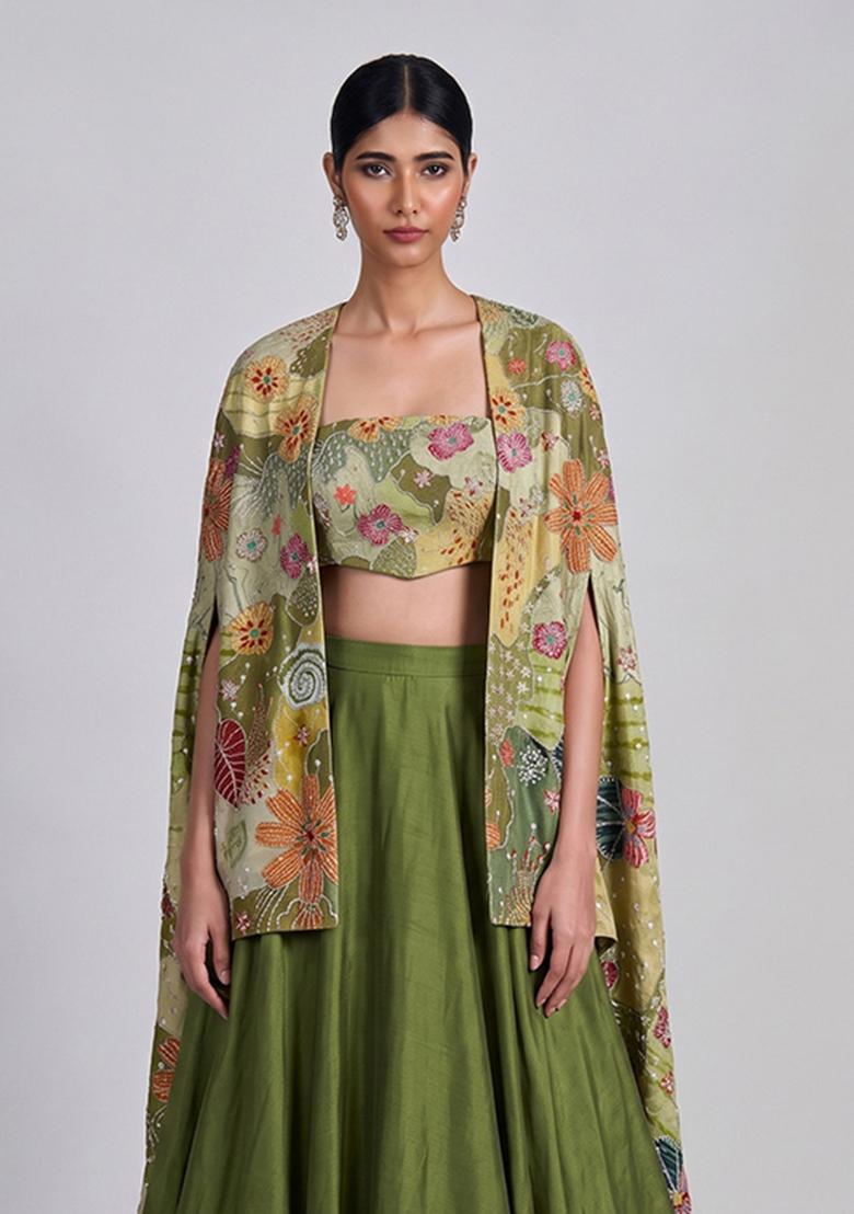 Olive Green Printed Crepe Lehenga Set - Indya