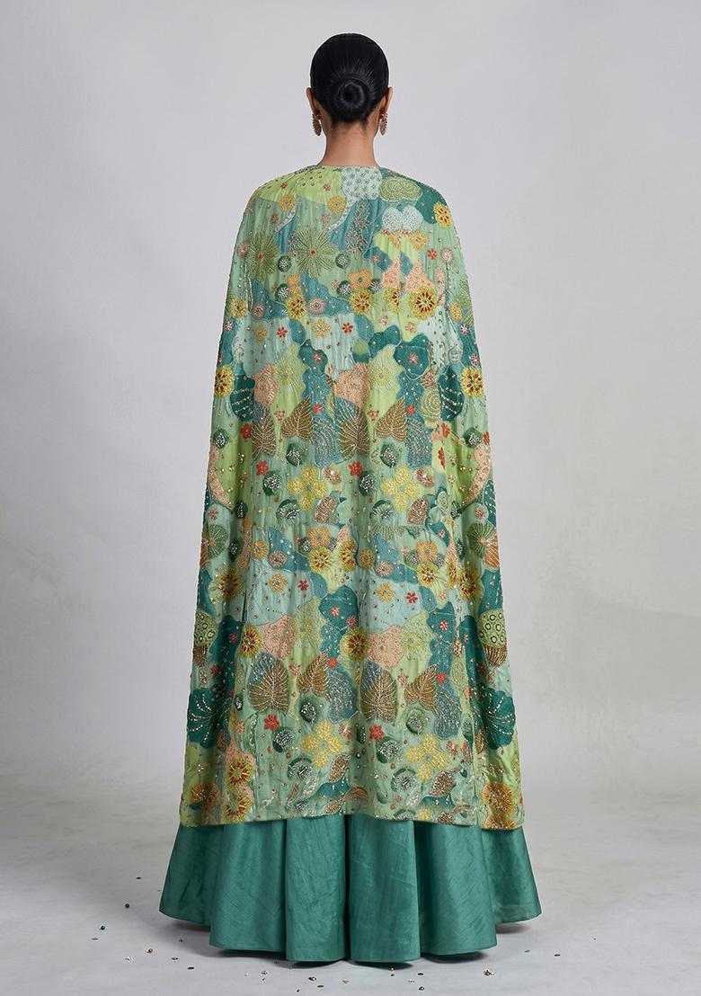 Teal Green Printed Crepe Lehenga Set - Indya