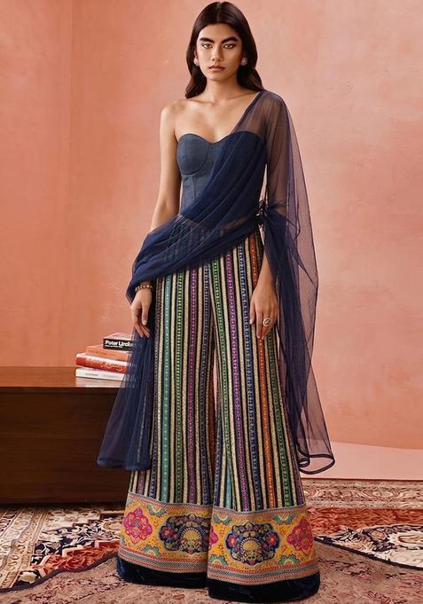 Navy Blue Sequin Crepe Fusion Set