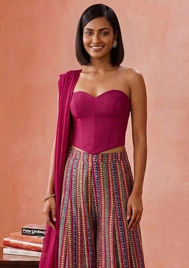 Magenta Pink Sequin Crepe Fusion Set - Indya