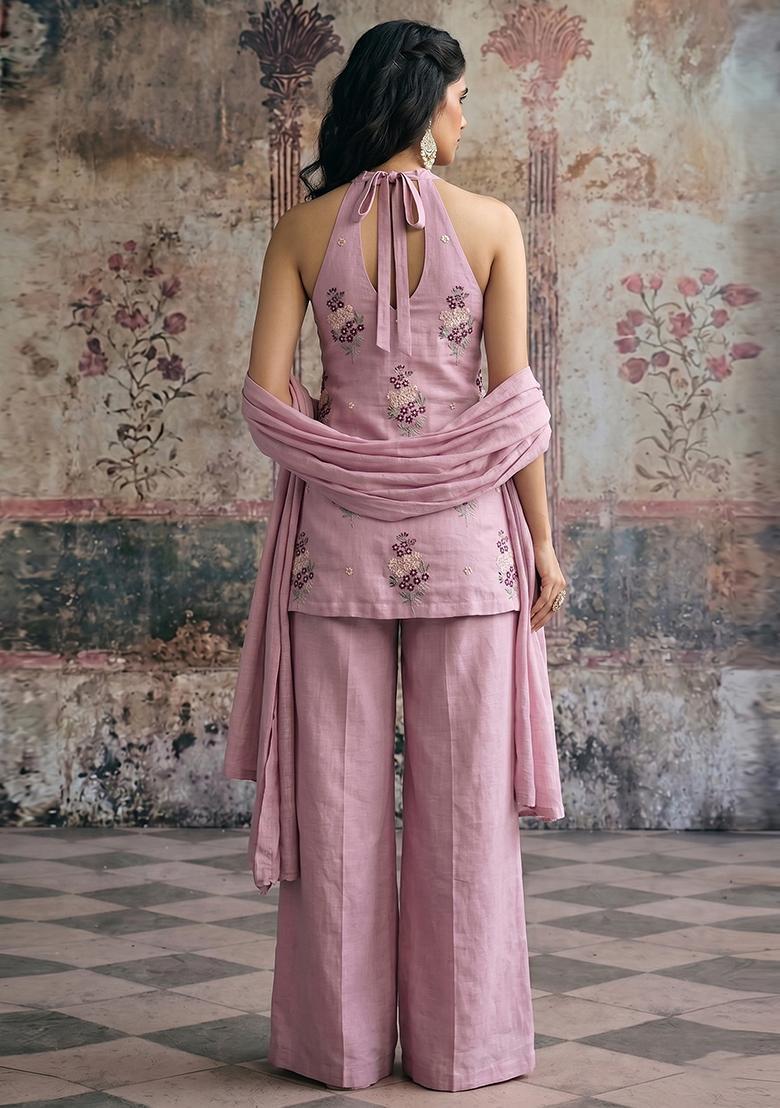 Dusty Pink Embroidered Chanderi Sharara Set - Indya