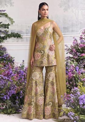 Olive Green Printed Chinon Sharara Set