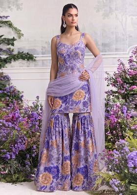 Lavender Purple Printed Chinon Sharara Set