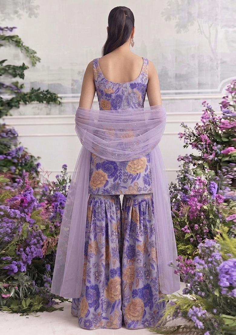 Lavender Purple Printed Chinon Sharara Set - Indya