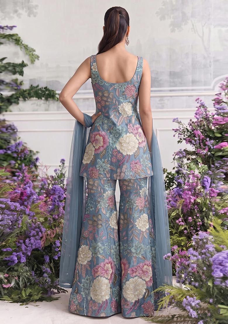 Steel Blue Printed Chinon Sharara Set - Indya