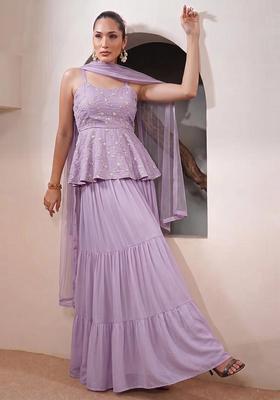 Lavender Purple Embroidered Chanderi Sharara Set
