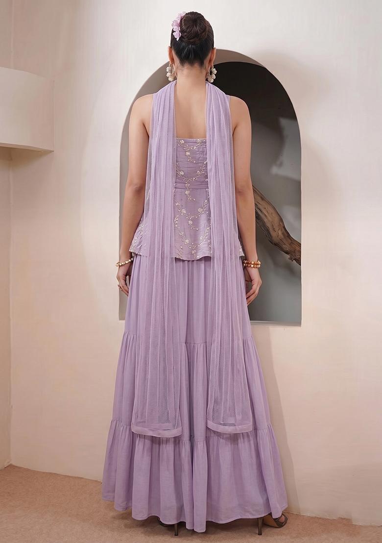 Lavender Purple Embroidered Chanderi Sharara Set - Indya