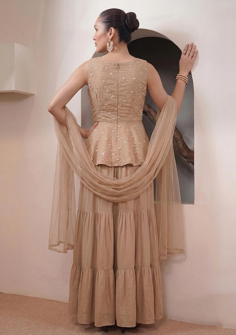 Brown Embroidered Chanderi Sharara Set - Indya
