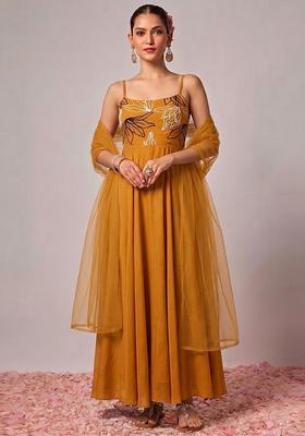 Mustard Yellow Embroidered Chanderi Anarkali With Dupatta