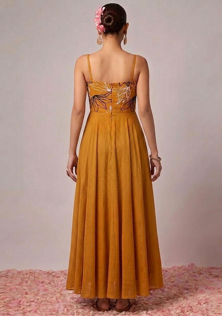 Mustard Yellow Embroidered Chanderi Anarkali With Dupatta - Indya