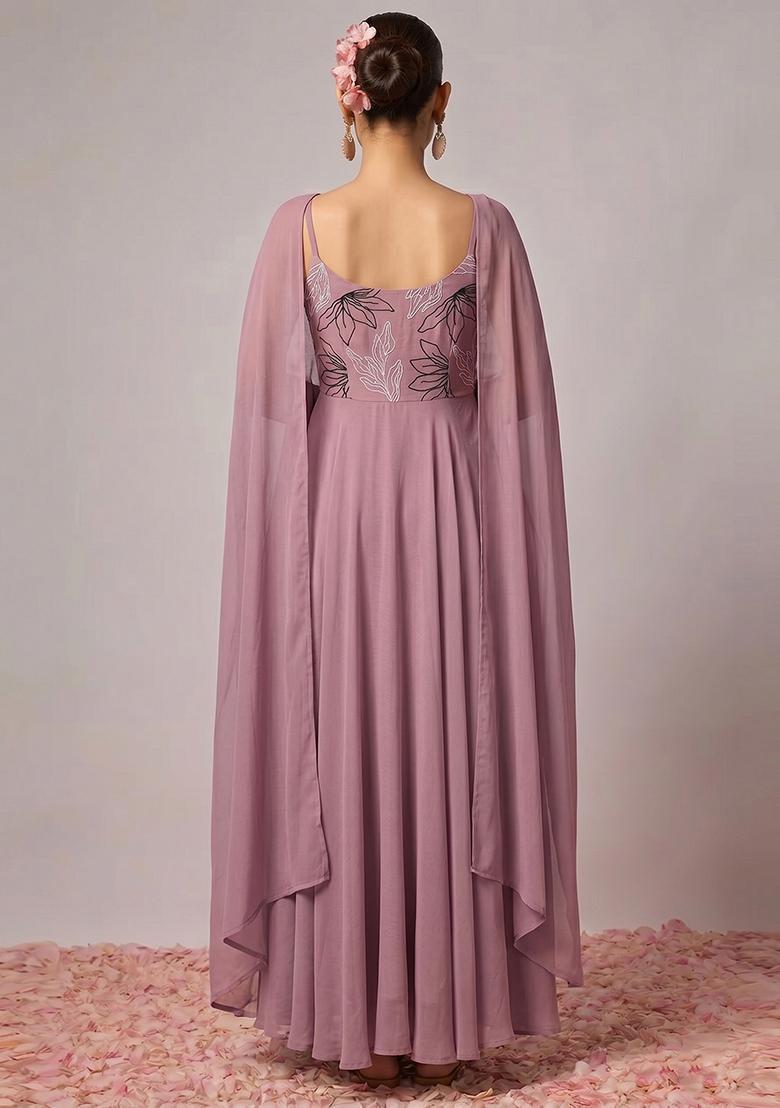 Dusty Mauve Embroidered Chanderi Anarkali With Dupatta - Indya