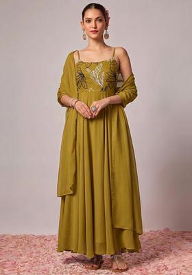 Olive Green Embroidered Chanderi Anarkali With Dupatta