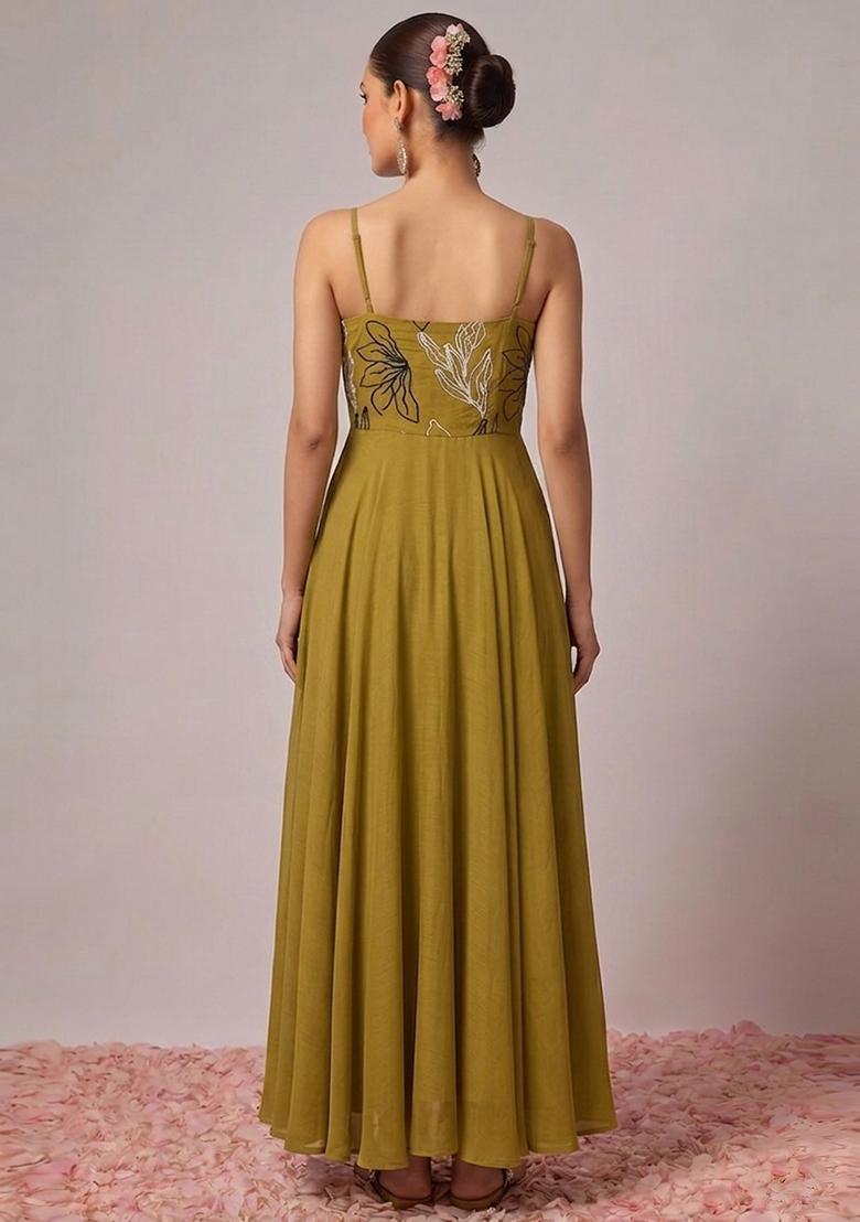Olive Green Embroidered Chanderi Anarkali With Dupatta - Indya