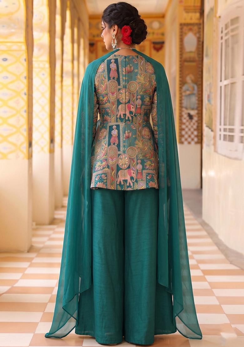 Green Silk Blend Sharara Set - Indya