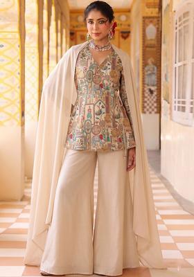 Cream White Silk Blend Sharara Set