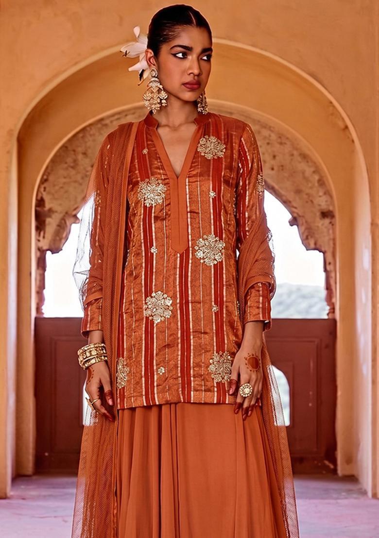 Rust Orange Tissue Sharara Set - Indya