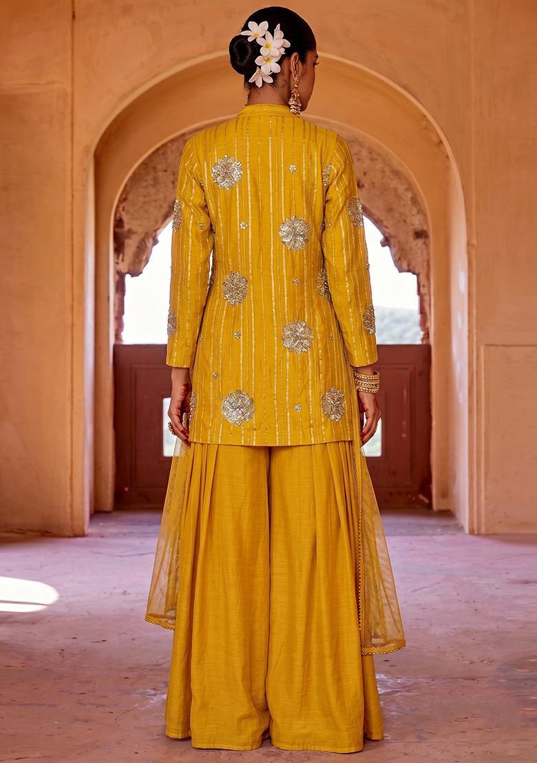 Turmeric Yellow Tissue Sharara Set - Indya