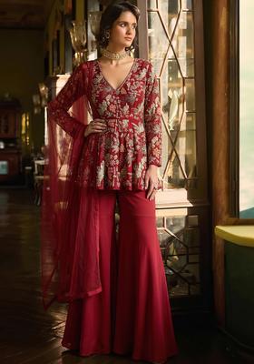 Crimson Red Embroidered Crepe Sharara Set