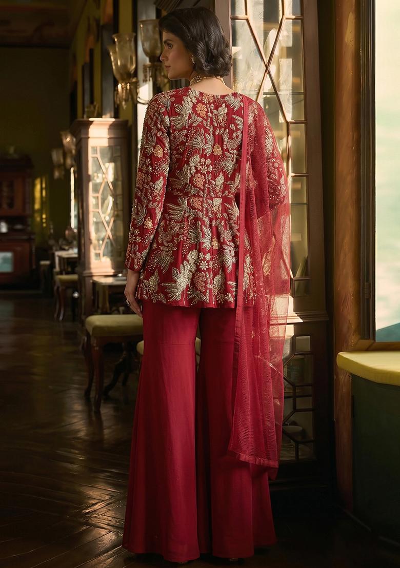 Crimson Red Embroidered Crepe Sharara Set - Indya