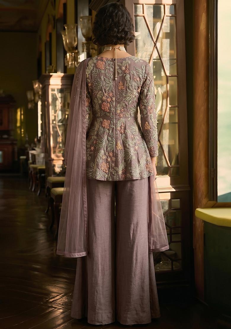Mauve Embroidered Crepe Sharara Set - Indya