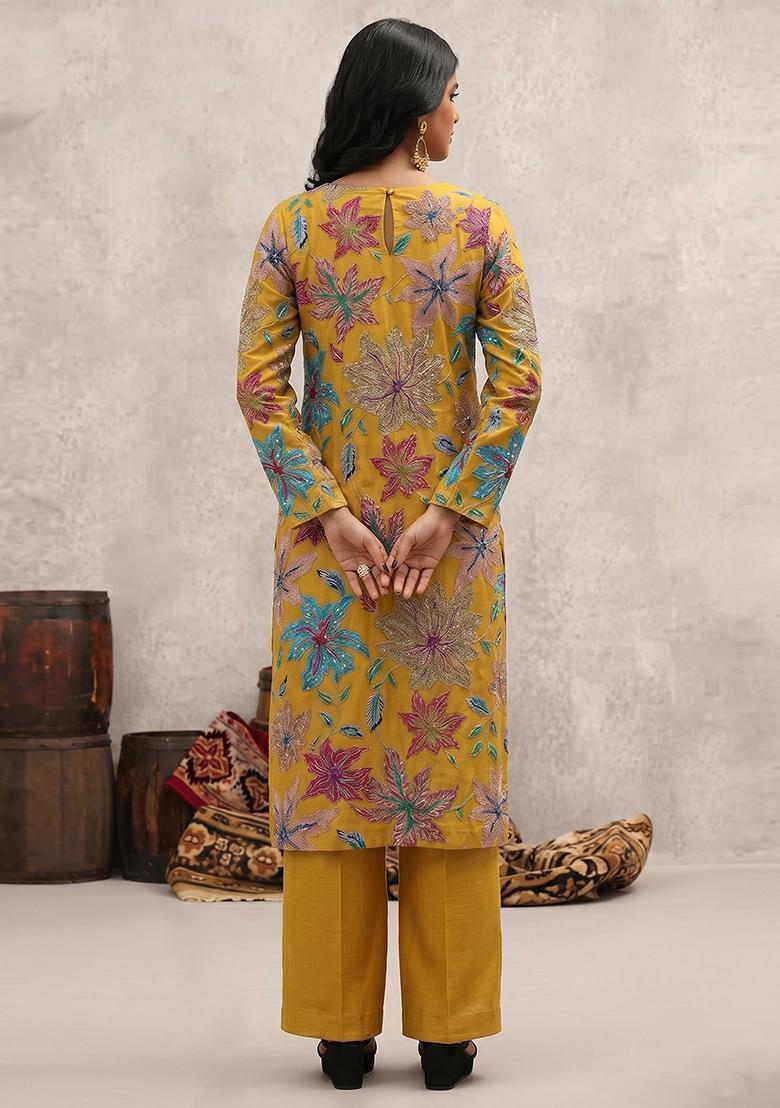 Mustard Yellow Printed Crepe Kurta Set - Indya