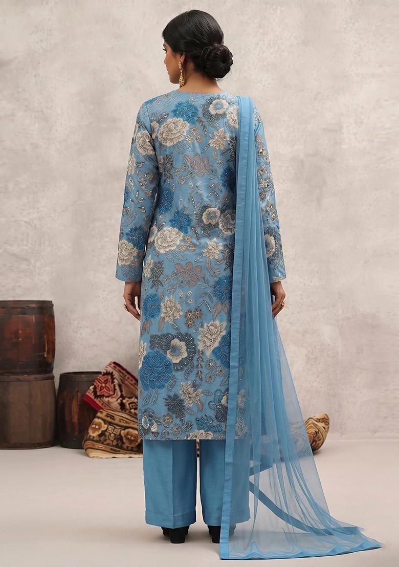 Pastel Blue Printed Chinon Kurta Set - Indya