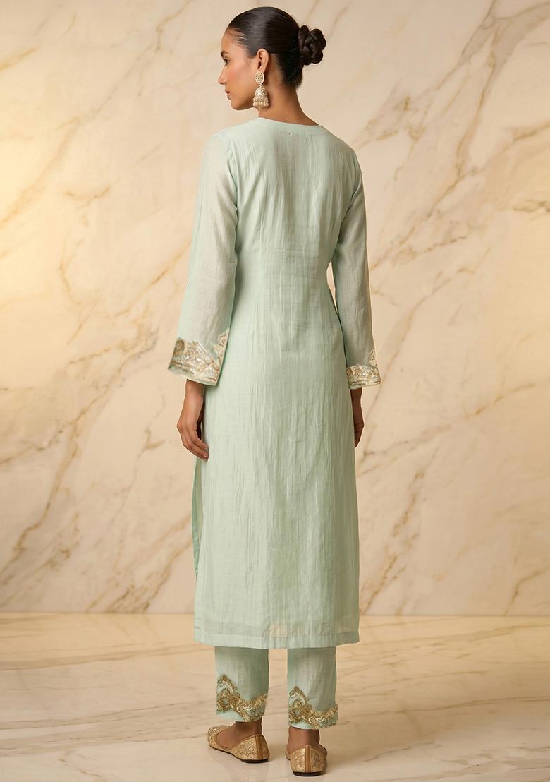 Mint Green Embroidered Handwork Kurta Set - Indya