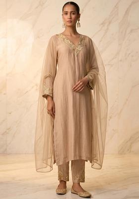 Beige Embroidered Handwork Kurta Set