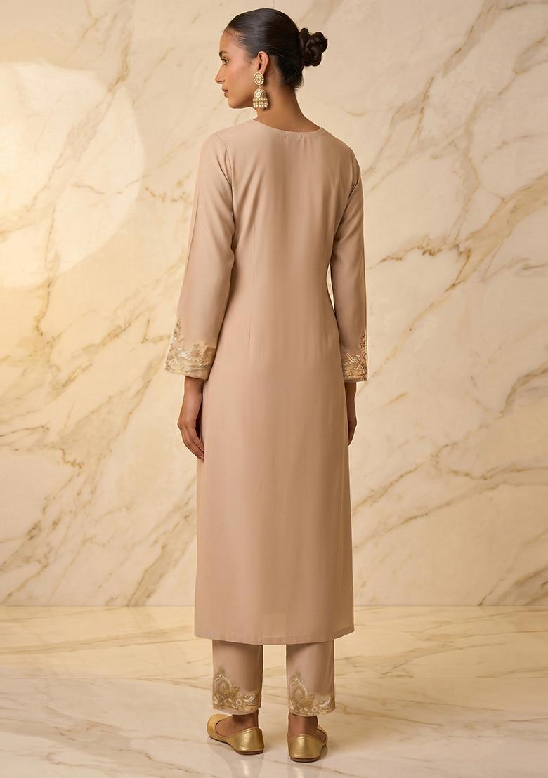 Beige Embroidered Handwork Kurta Set - Indya