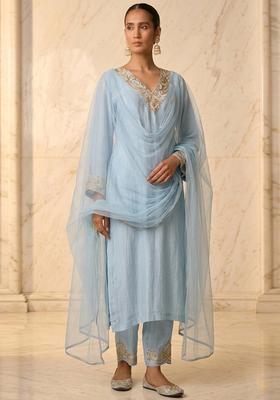 Pastel Blue Embroidered Handwork Kurta Set