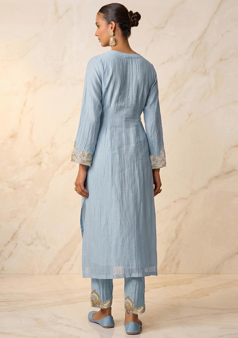 Pastel Blue Embroidered Handwork Kurta Set - Indya