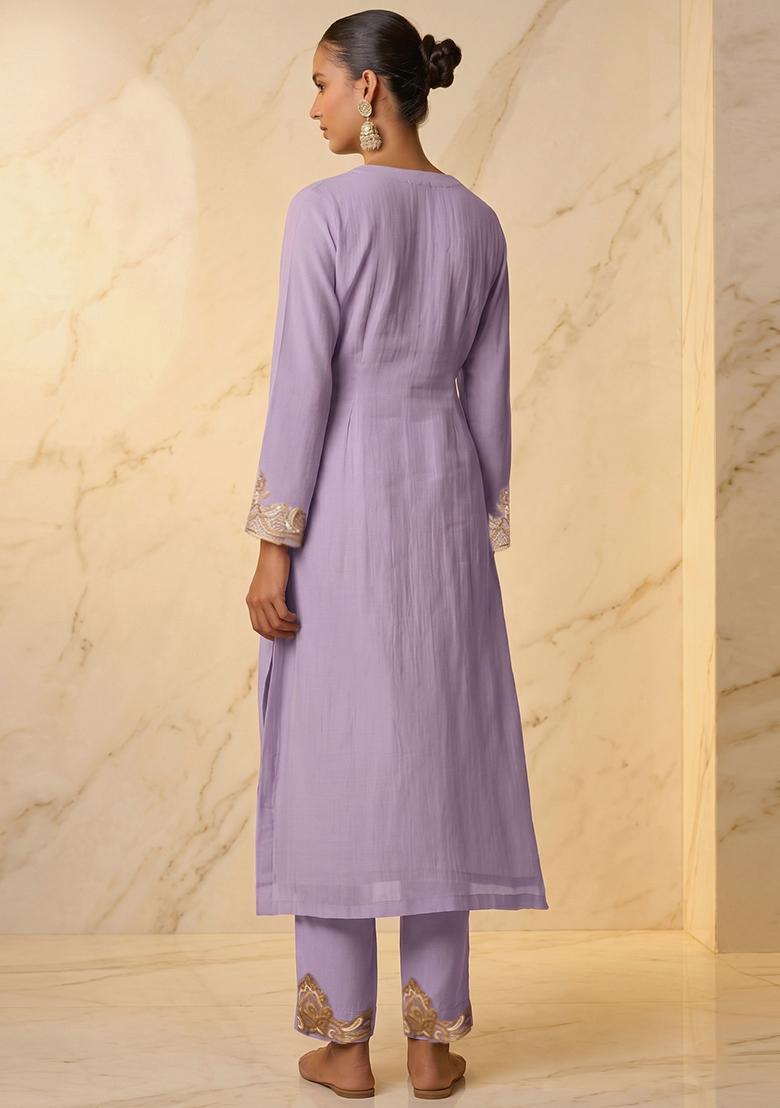 Lavender Embroidered Handwork Kurta Set - Indya